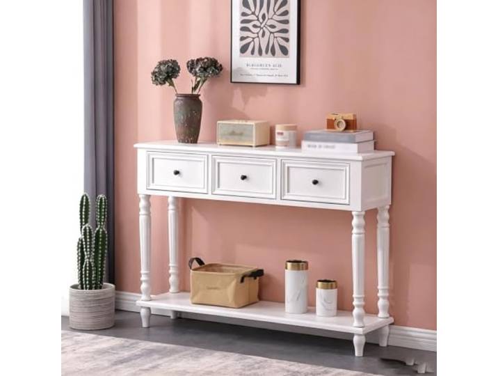 LEUBDIBR Massivholz‑Konsolentisch mit 3 Schubladen für Eingang und Flur Kiefernholz‑Konstruktion, 3 geräumige Schubladen, Größenauswahl, Wand‑Design(White,116cm/45.7in)