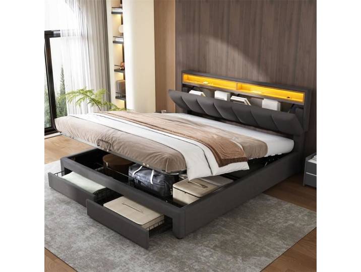 DRIPEX Lit rembourré 180×200cm avec LED et 2 tiroirs Hydraulique Lit de rangement Lit double adulte Tête de lit escamotable Gris