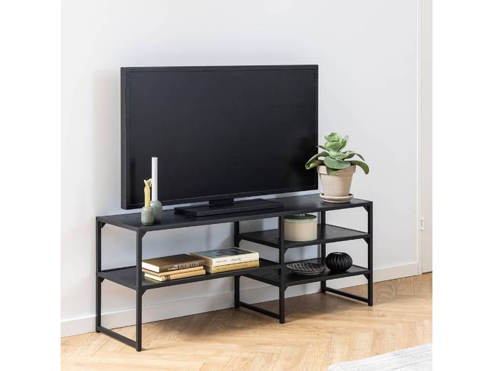 TV-Rack Deckplatte & Böden: MDF Mitteldichte Holzfaserplatte , beschichtet Gestell: Metall, pulverbeschichtet Schwarz/Eiche Schwarzbraun Dekor