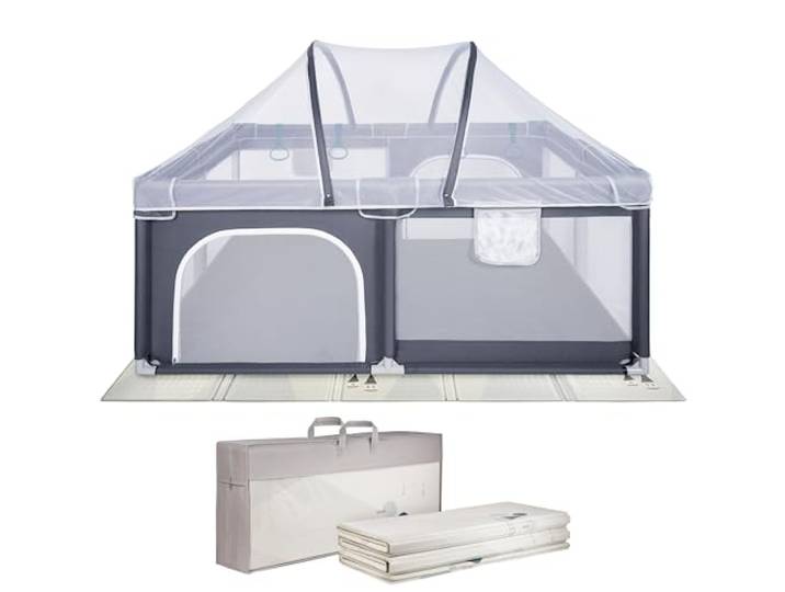 ONVAYA® Laufgitter mit Faltbarer Spielmatte und Insektenschutznetz Laufstall für Babys 120 x 160 cm Schutzgitter für Kinder Rechteckiges Krabbelgitter Absperrgitter Babyzaun