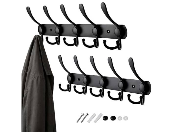 Relaxdays Barre porte-manteaux\, lot de 2\, 5 crochets triples\, inox noir Couloir\, chambre\, penderie murale moderne