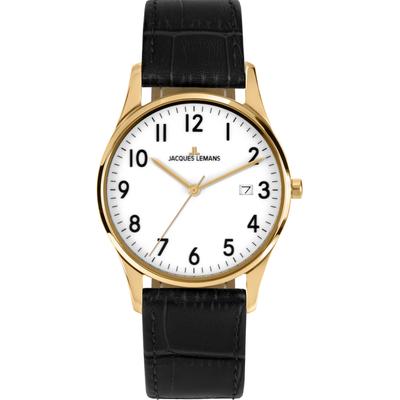 Quarzuhr JACQUES LEMANS "London", schwarz (schwarz, weiß, goldfarben, weiß), Armbanduhren, Damen, goldfarben, Quarzuhr, Armbanduhr, Damenuhr, Lederarmband, analog, Tag