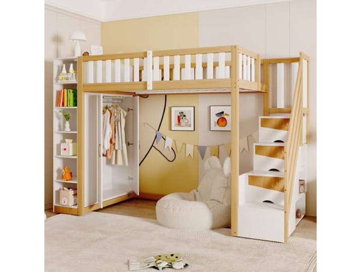 Merax Hochbett 90 x 200 cm mit Schrank, multifunktionales Kinderbett für 1 Platz mit Aufbewahrungstreppen, Holz natur und weiß (ohne Matratze)
