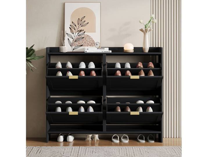 WOVREO Meuble à chaussures 110x24x90 cm avec 4 abattants rangements ouverts noir