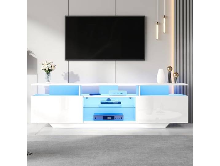 Merax TV Möbel für Wohnzimmer LED Fernsehschrank,Hochglanz Weiß TV Lowboard für 70 Zoll Fernseher, Modernes TV-Board,App-Steuerung, 2 Schränken & 8 Ablageflächen,160x40x45 cm
