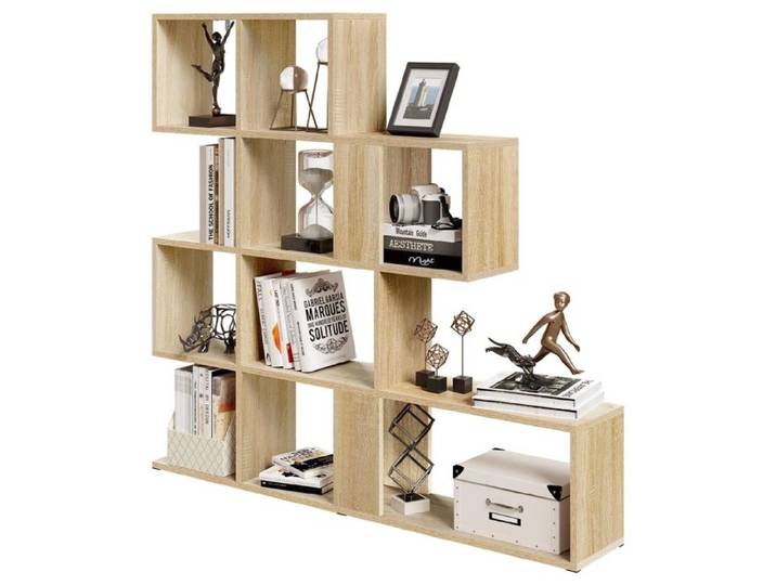 Bibliothèque cube - Chêne Clair - 115x19 5x109 5 cm - 4 niveaux ouverts - 11 compartiments - 25 5 cm par casier
