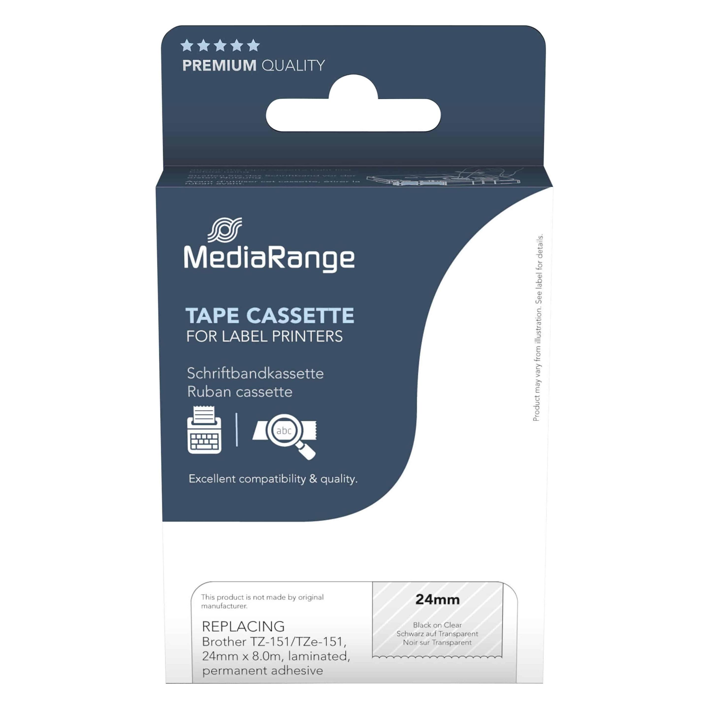 MediaRange Schriftbandkassette schwarz auf transparent 8m x 24mm (2.40 cm, Schwarz, Transparent) (MRBTZ151)