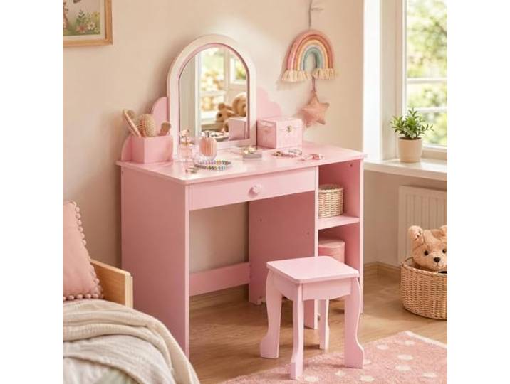GarveeMore Kinderschminktisch mit Spiegel und Hocker, Robustes Holz Schminktisch für Mädchen mit Beleuchtung & Schublade, Wellenrand Kosmetiktisch Kinderzimmer Möbel 3-9 Jahre, Rosa