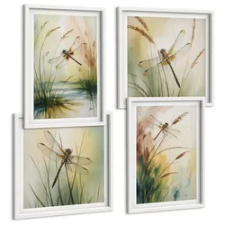 BILDER SET 4er Set - 50x50 cm & 40x60 cm Weißer Rahmen - Libellen im Gras, Wassermalerei