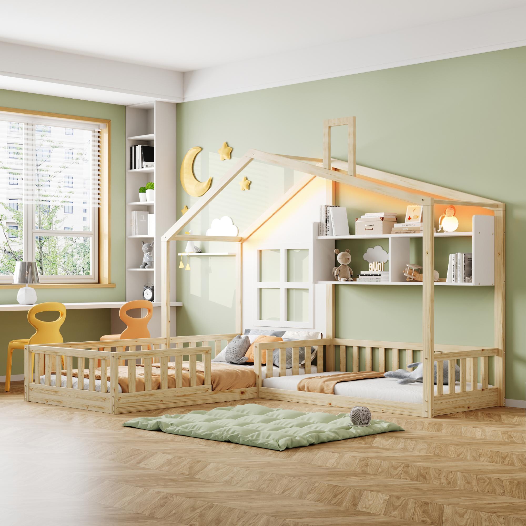 Flieks Kinderbett Hausbett 90x200cm / 140x70cm mit Fenster, Kinderbett Bodenbett mit Tür, Holzbett Einzelbett Doppelbett 2 Kinder, Naturbelassen