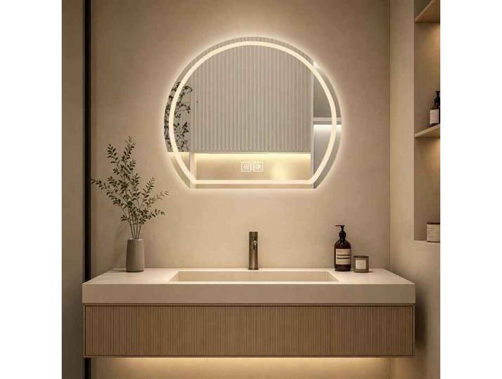 Miroir Salle de Bain LED Anti-Buée 70x63cm Demi-Cercle 3 Couleurs Luminosité Réglable Mémoire Verre Anti-Explosion