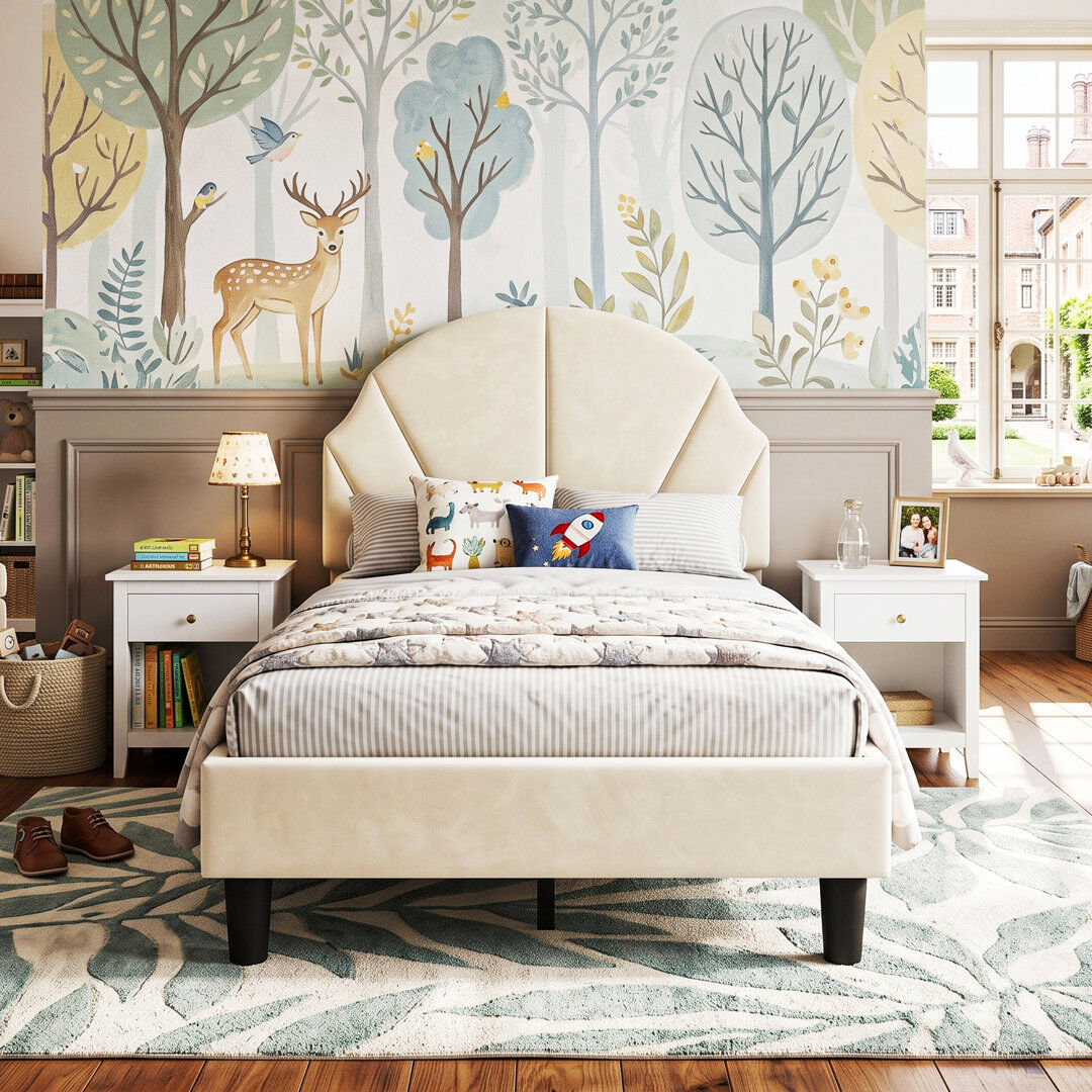 Canora Grey UK & EU Kids Velvet Bed Frame, Scalloped Shell Upholstery Bed with Height-Adjustable Headboard, Beige/Pink Beige Single (3')