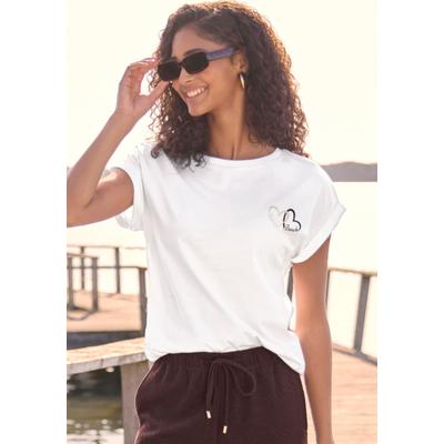 Kurzarmshirt VENICE BEACH "mit dezentem Herzdruck und Ärmelaufschlag", Damen, Gr. 32/34, weiß, Jersey, Obermaterial: 100% Baumwolle, unifarben mit Farbeinsatz, figurumspielend hüftlang, Rundhals, Aufschlag, Shirts, Rundhalsshirt mit Frontprint,...