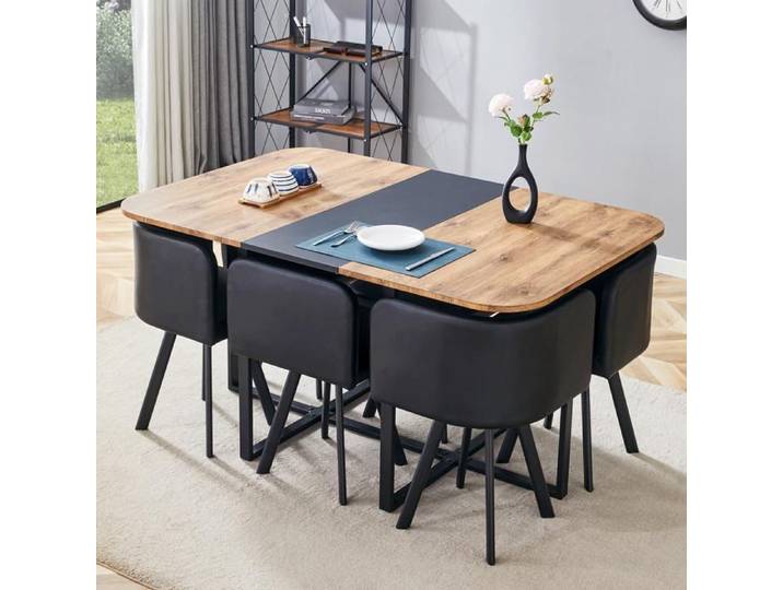 MEUBLIV Ensemble table à manger extensible 4-6 personnes avec 6 chaises assise PU 150x100x79 cm