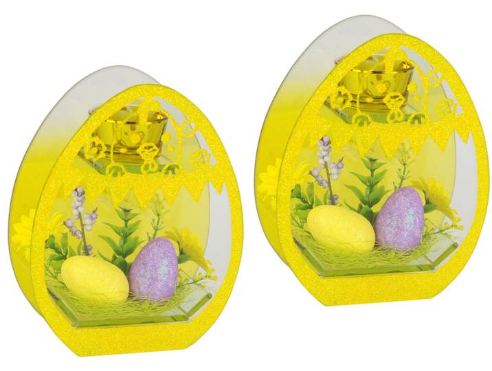 Teelichthalter I.GE.A. Dekoriert , gelb, B:14cm H:18cm, Glas, Kunststoff, Wachs, Kerzenhalter, Teelichthalter, Mit Oster-Eier 2er Set Kunstblumen Glaseinsatz Kerzen Osterdeko 3D