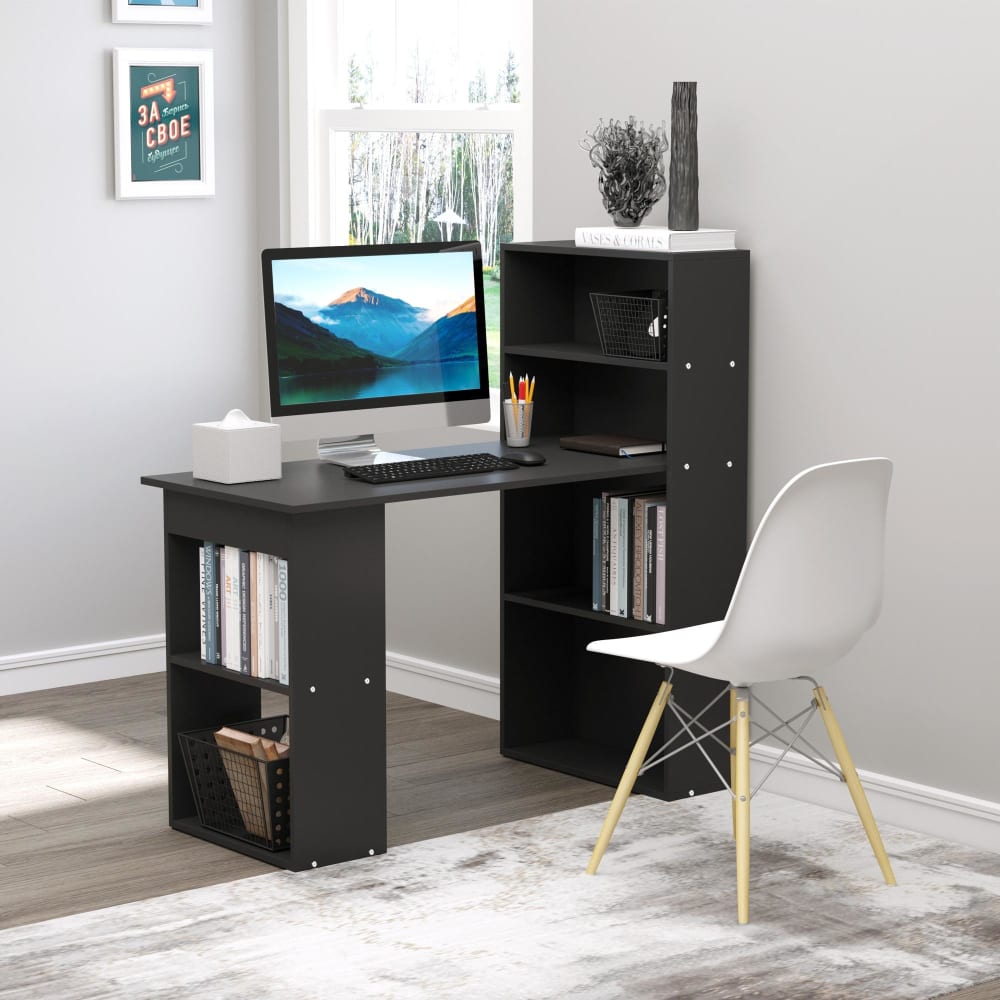 Homcom Bureau informatique d'angle avec étagère de rangement noir Noir 120x120x55cm
