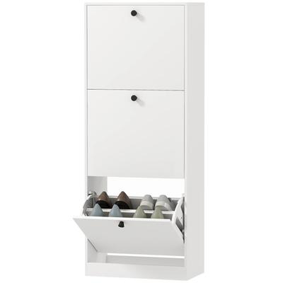 OKWISH Schuhschrank Holz Weiß 47x26x120 cm mit 3 Klappen, verstellbaren Trennwänden und Kippschutz