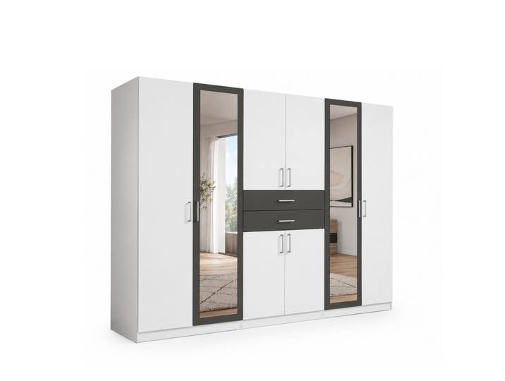 Drehtürenschrank Kleiderschrank 270 cm Schubladen Spiegel Ausstattung Weiß und Grafit / 22594