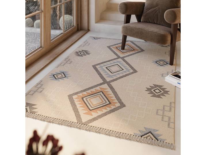 Wollteppich GREEN LOOOP Jong , beige (creme beige), B:200cm H:5mm L:290cm, Wolle, Teppiche, Wollteppich, Fransen, Kelim, handgewebt, Natur, Wohnzimmer, Schlafzimmer, Raute