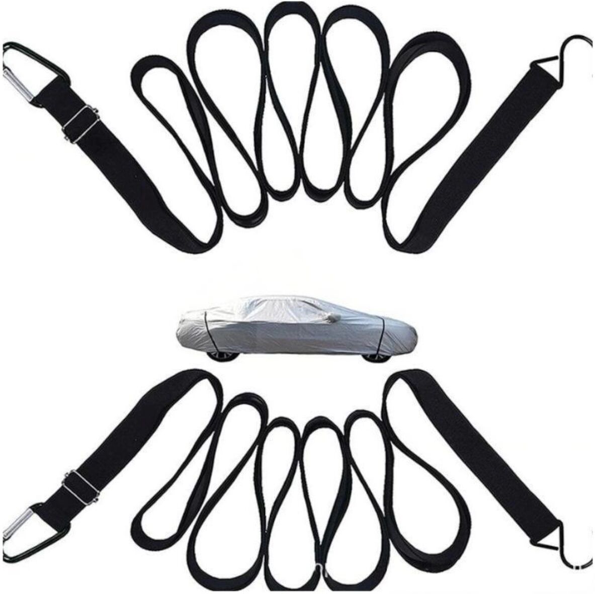 INF Outdoor-Autoplanen-Bungee-Gurte (2er-Set) – Elastisches Nylon mit Haken, 440cm Länge, Schwarz
