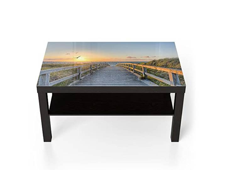DEQORI Glastisch schwarz groß 90x50 cm Motiv Dünenweg zum Meer ausgefallener Beistelltisch aus Glas Hochglanz Couchtisch fürs Wohnzimmer moderner Couch Tisch mit Design