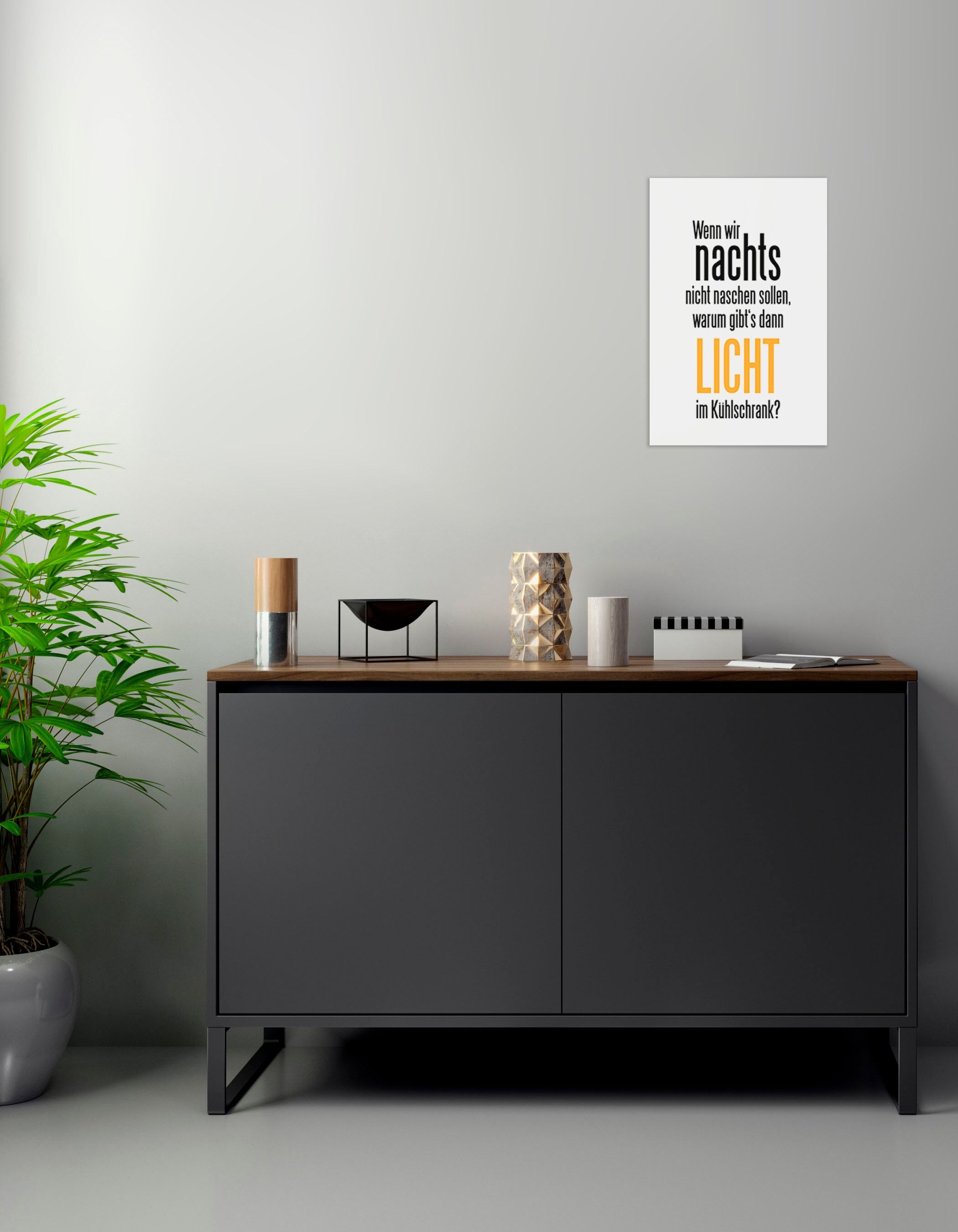 Wanddekoobjekt QUEENCE "Naschen und Licht im Kühlschrank", schwarz (schwarz, gelb), B:20cm H:30cm T:0,1cm, Stahl, Wanddekoobjekte, Wanddekoobjekt, Stahlschild, Blechschild, Spruch, Witzig, Wanddeko, retro, 20x30cm schwarz, gelb B/H/T: 20cm x 30cm x 0,1cm,