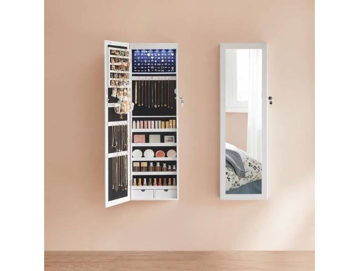 Armoire à Bijoux Mural pour Colliers Boucles d'Oreilles avec Miroir Divers Compartiments Verrouillable Blanc