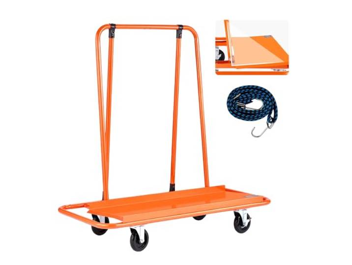 VEVOR Chariot Porte-plaques de Plâtre\, Charge 816\,5 kg\, Chariot Porte-Panneaux de Cloisons Sèches à Large Plateforme\, avec roulettes Pivotantes 2 Freins\, Sangle d'Arrimage\, pour Transport\, Orange