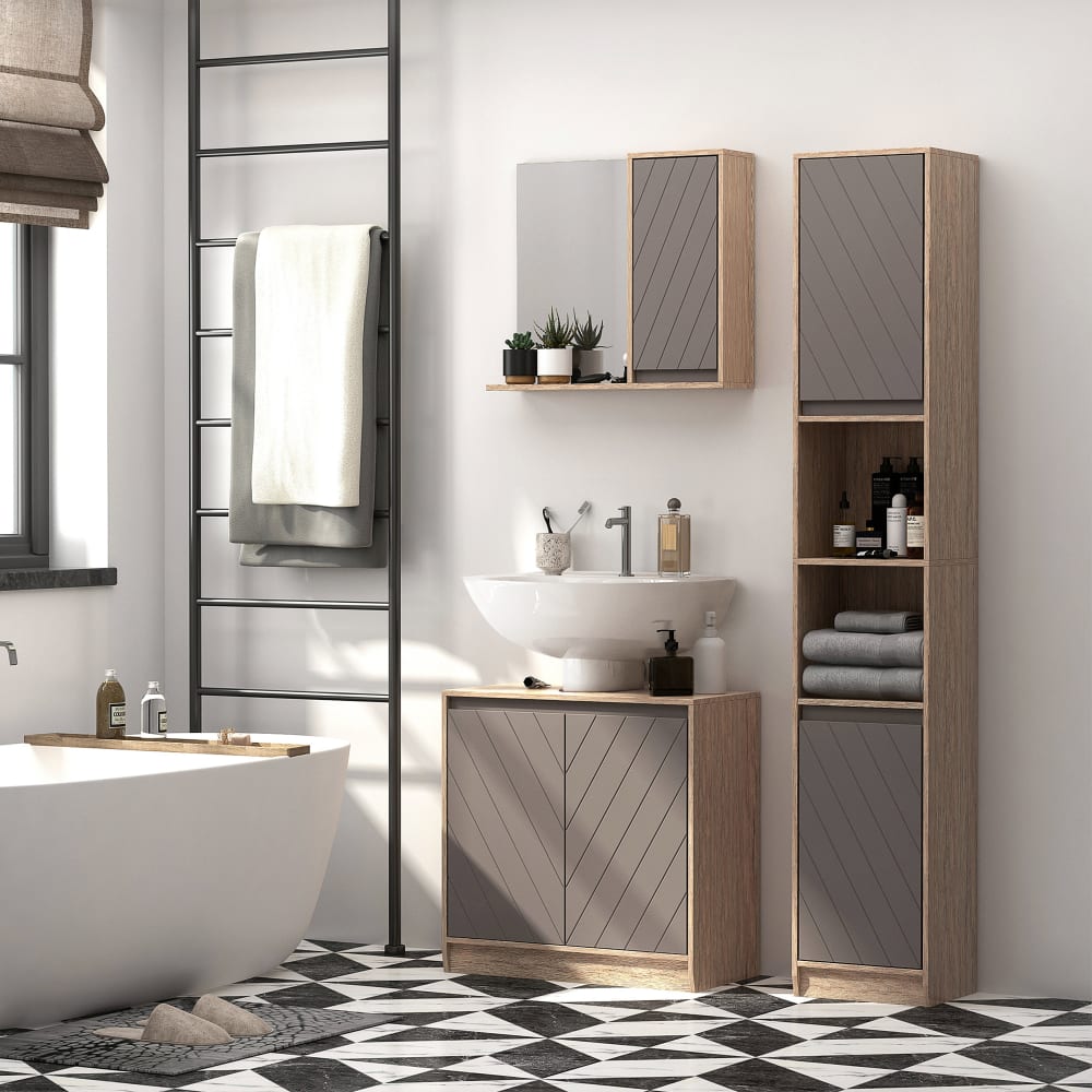 Homcom Meuble colonne rangement salle de bain 2 portes chêne clair gris Multicolore 30x170x24cm