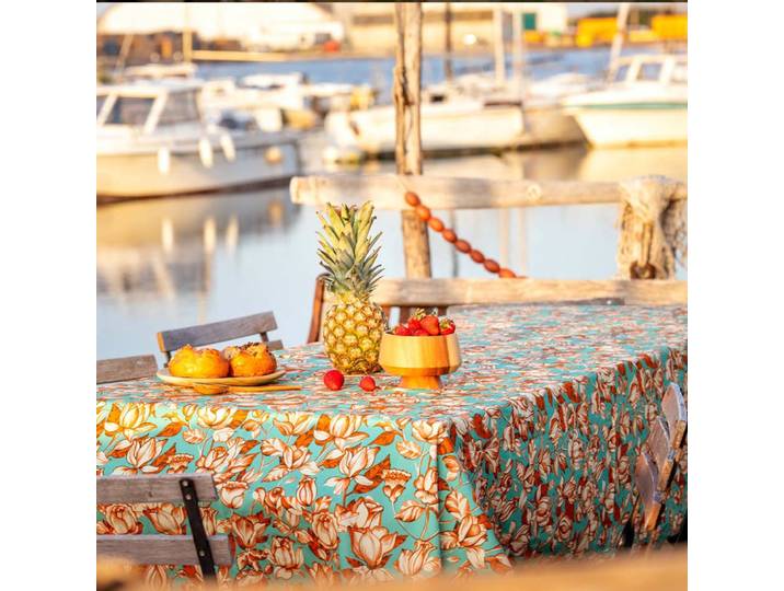 Nappe rectangulaire en coton, 140x235 cm, motif fleurs orange