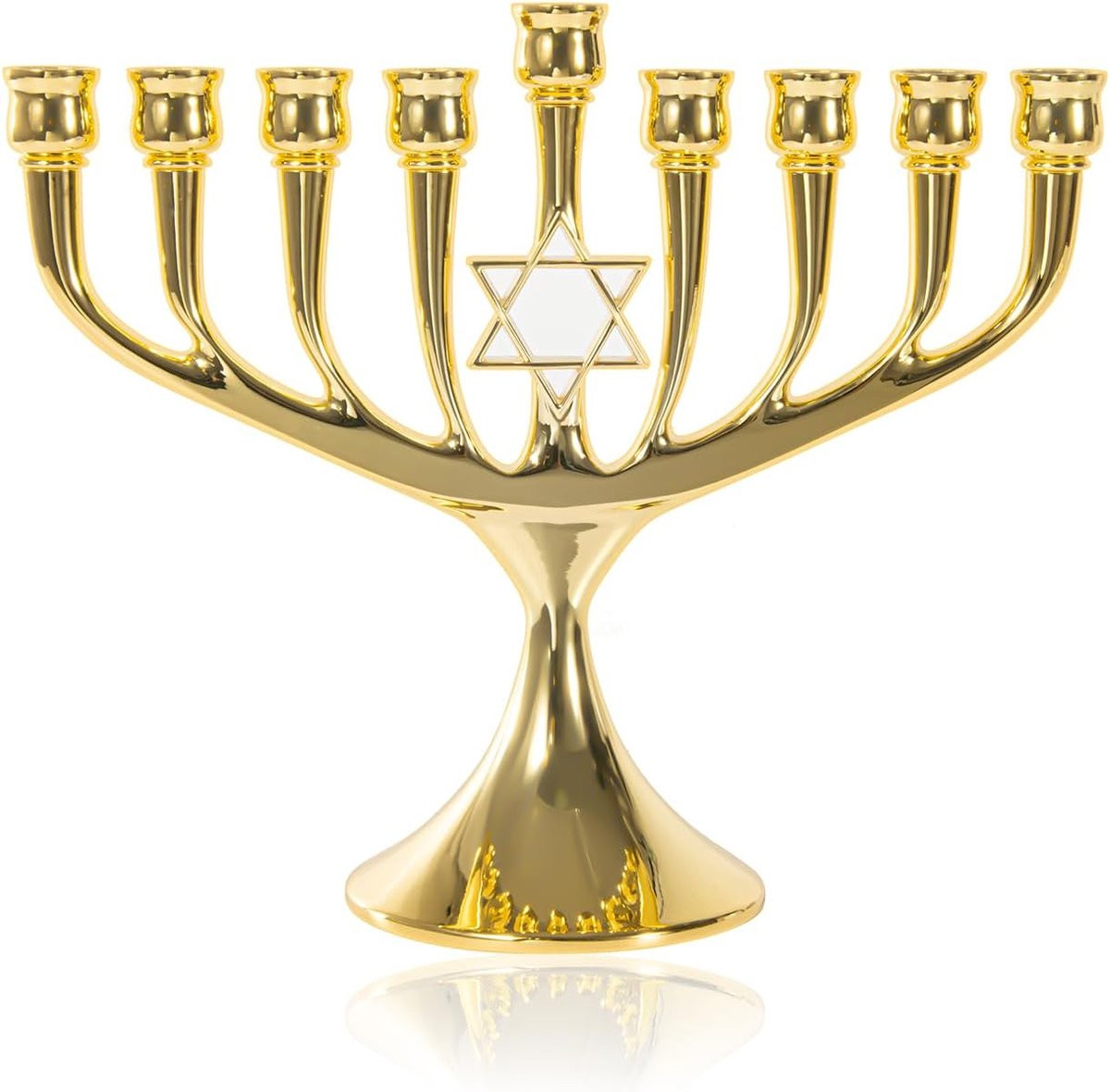 Gouden 9-armige Hanukkah Kandelaar met Ingebedde Pinnen en Davidster