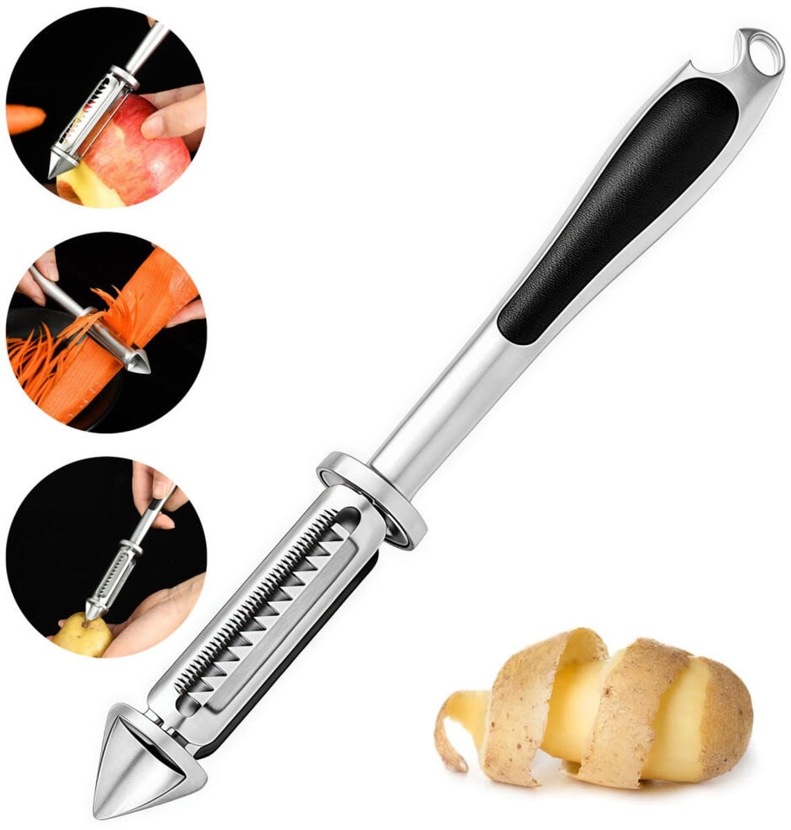 Multifunctionele 4-in-1 dunschiller met juliennesnijder, flesopener en klokhuisverwijderaar in zilver