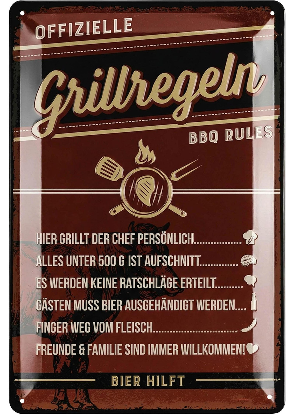 Dripio Retro metalen bord met grillregels BBQ decoratie Breedte: 30 cm, Hoogte: 20 cm