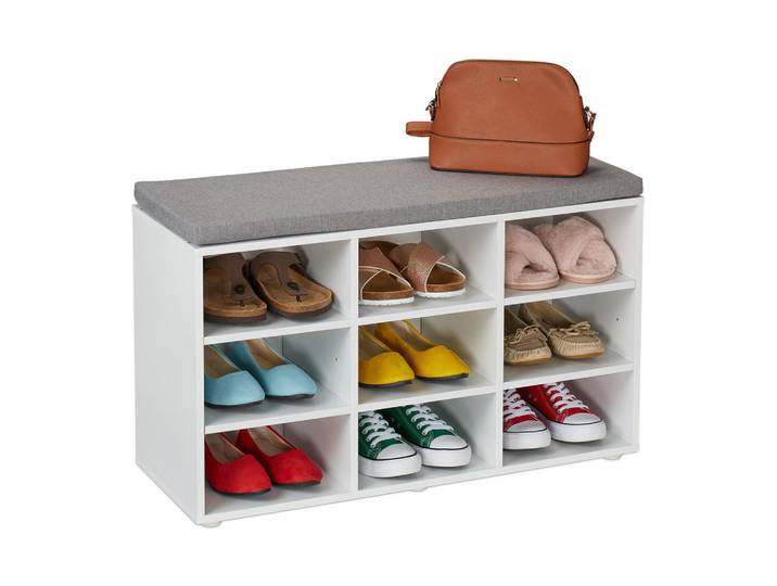 Relaxdays Schuhbank Weiß Grau gepolstert 9 Fächer 48x78,5x30 cm, 78.5x48x30 cm, Garderobe, Garderobenbänke, Schuhbänke