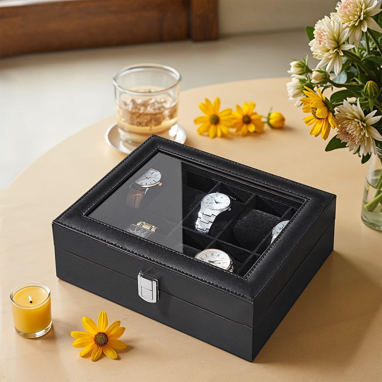 SONGMICS Uhrenbox mit 10 Fächern, Uhrenkasten, Glasdeckel JWBB35010B02