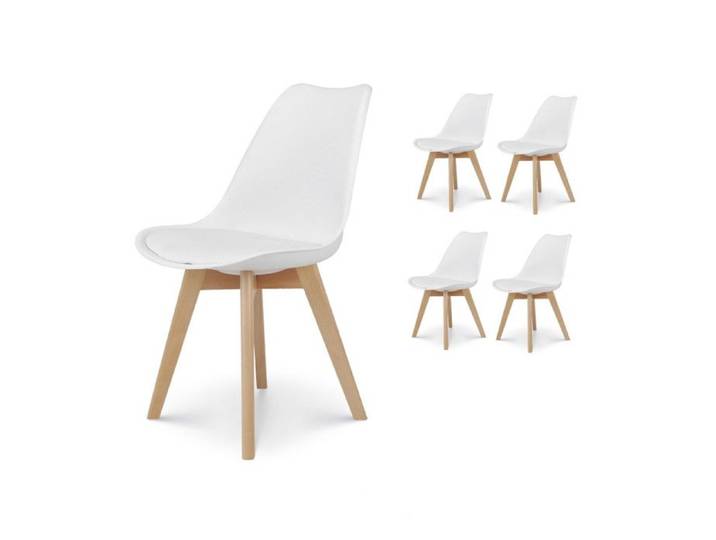 Lot de 4 chaises style scandinave VICTOIRE - Coque en résine blanche rembourrée et pieds en bois naturel