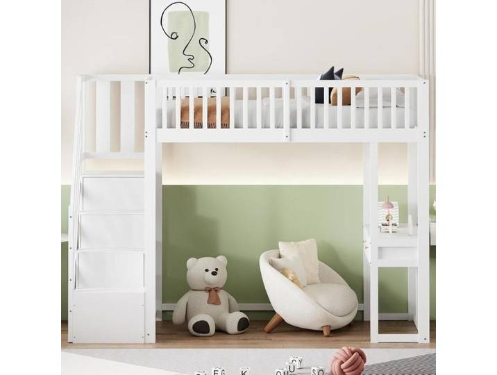 Lit mezzanine - KOMHTOM - 90x200 cm - Pin massif - Escalier de rangement - Table multifonction