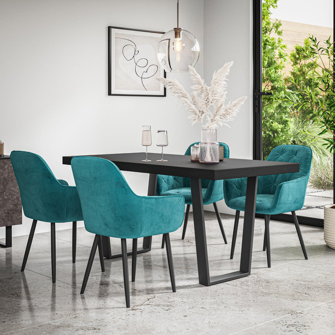 Fairmont Park Ahlina Modern Dining Table With 4 Anika velvet Chairs Set Black/Black/Blue 4