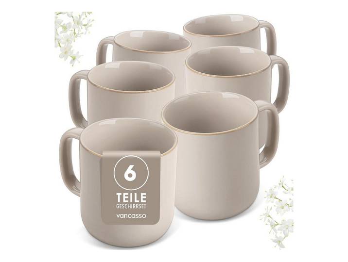 LuxusKollektion Tasse Kaffeetassen Set 6er Henkel 480ml Kaffeetassen Set 6 Soft Beige, Keramik