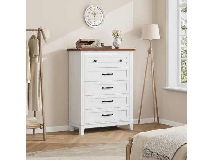 GarveeMore Hohe 5-Schubladen-Kommode aus Holz – Braun-Weiß 105 cm freistehender Aufbewahrungsschrank mit tiefen Schubladen für Schlafzimmer, Wohnzimmer & Flur