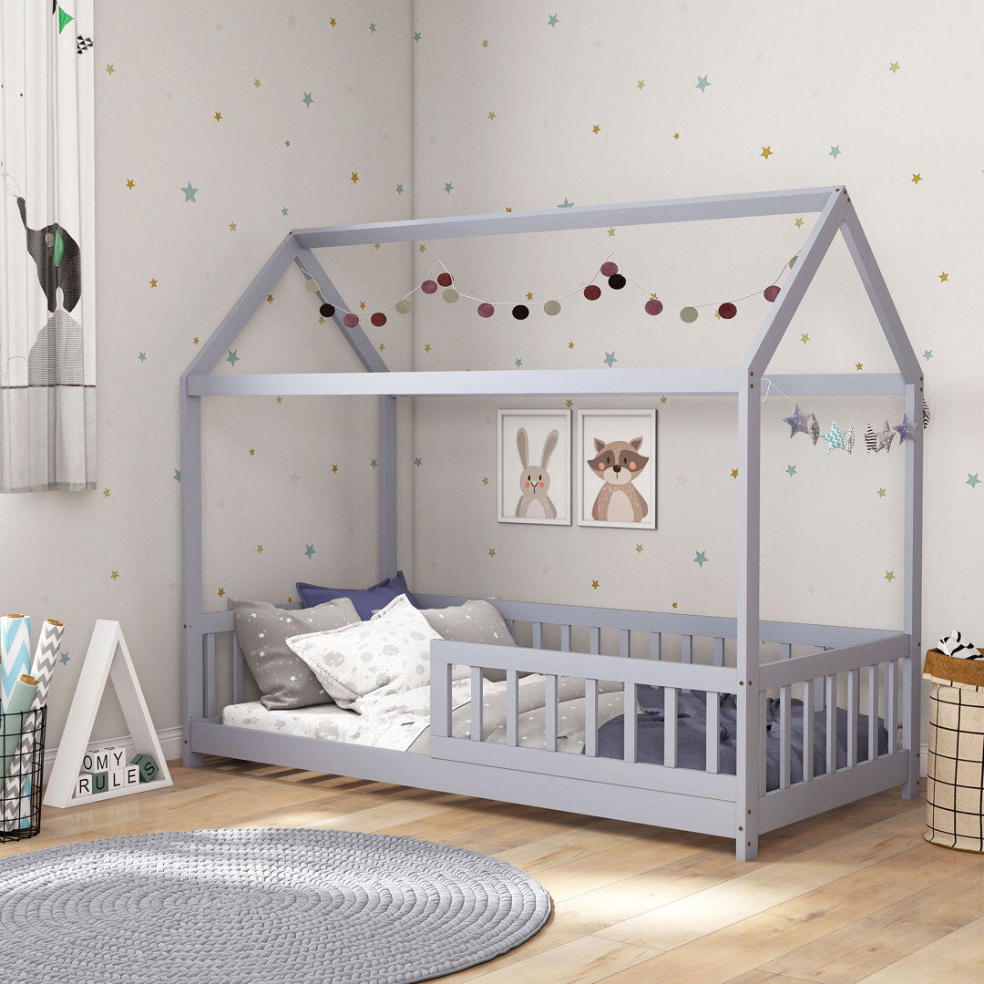 Zoomie Kids HOMCOM House-Shaped Kids Bed Frame with Guard Rails for Boys Girls, Grey Grey