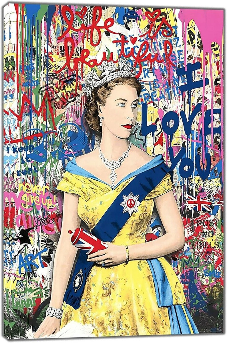 Ingelijste Canvas Foto Koningin Elizabeth II - I Love You Print voor Woondecoratie B: 60 cm, D: 40 cm