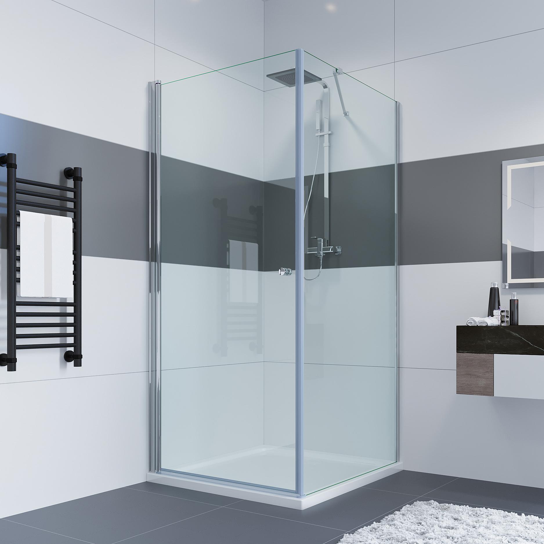 IMPTS 100 x 90 cm Duschkabine Duschabtrennung Glas Duschtür mit fester Glaswand, Drehtür Eckeinstieg Dusche Höhe 185 cm MIT Duschwanne