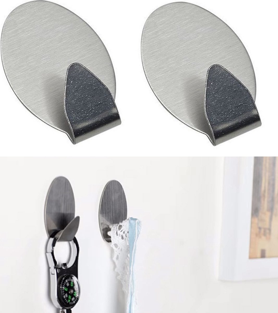 CHPN Handdoekhaakjes 2 stuks Zelfklevend RVS Ovaal Zilverkleurig B: 5 cm, D: 3 cm