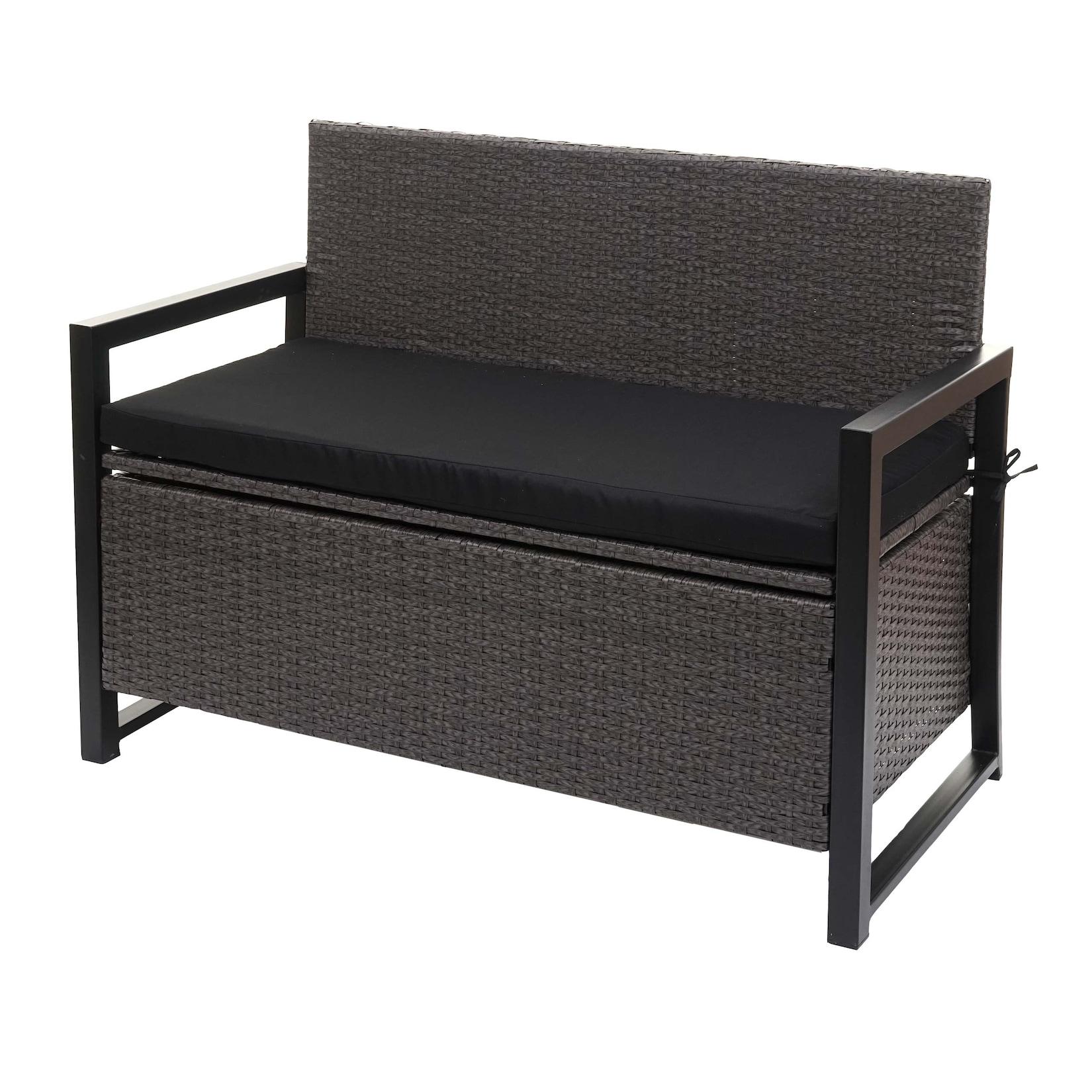 Poly-Rattan 2er Sitzbank MCW-F39, Gartenbank Truhenbank, Staufach Aufbewahrung Sitzkissen ~ grau, Kissen schwarz