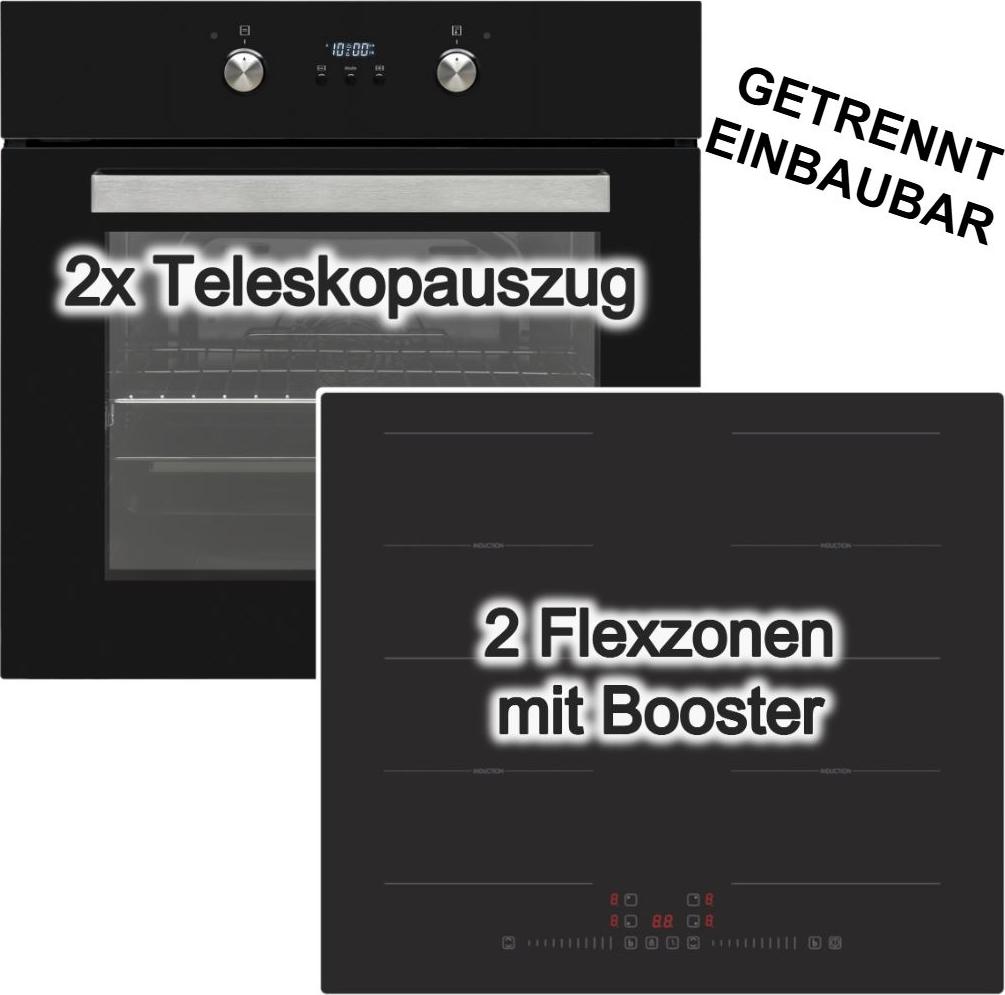 Herdset Backofen Hot Air Shield 69 Liter mit 2 fach Teleskopauszug und Induktionskochfeld 60 cm Flexzonen Booster rahmenlos VESTEL PKM