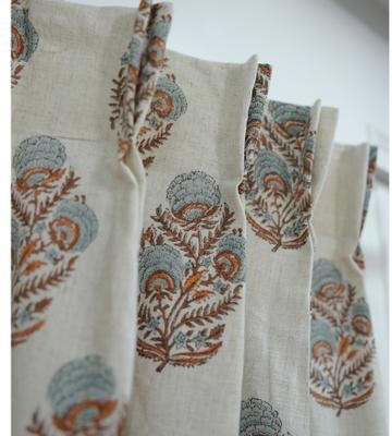 Fabdivine Pleated Curtain Linen Block Print Drapery Panel Green Floral Window Treatment Bohemian Farmhouse Décor, Mohini