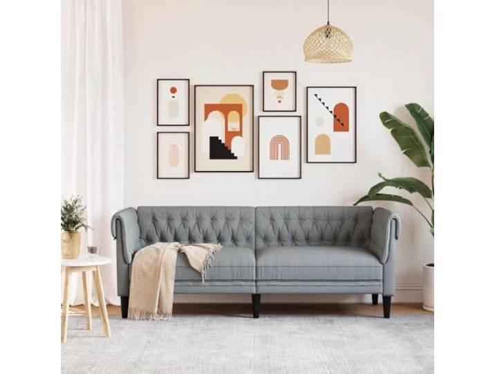 KTHLBRH Chesterfield-Sofa, 3-Sitzer, hellgrau, Stoff Beine aus Massivholz, Polsterung aus Schaumstoff, 201,5 cm, maximale Belastung 110 kg pro Sitzplatz