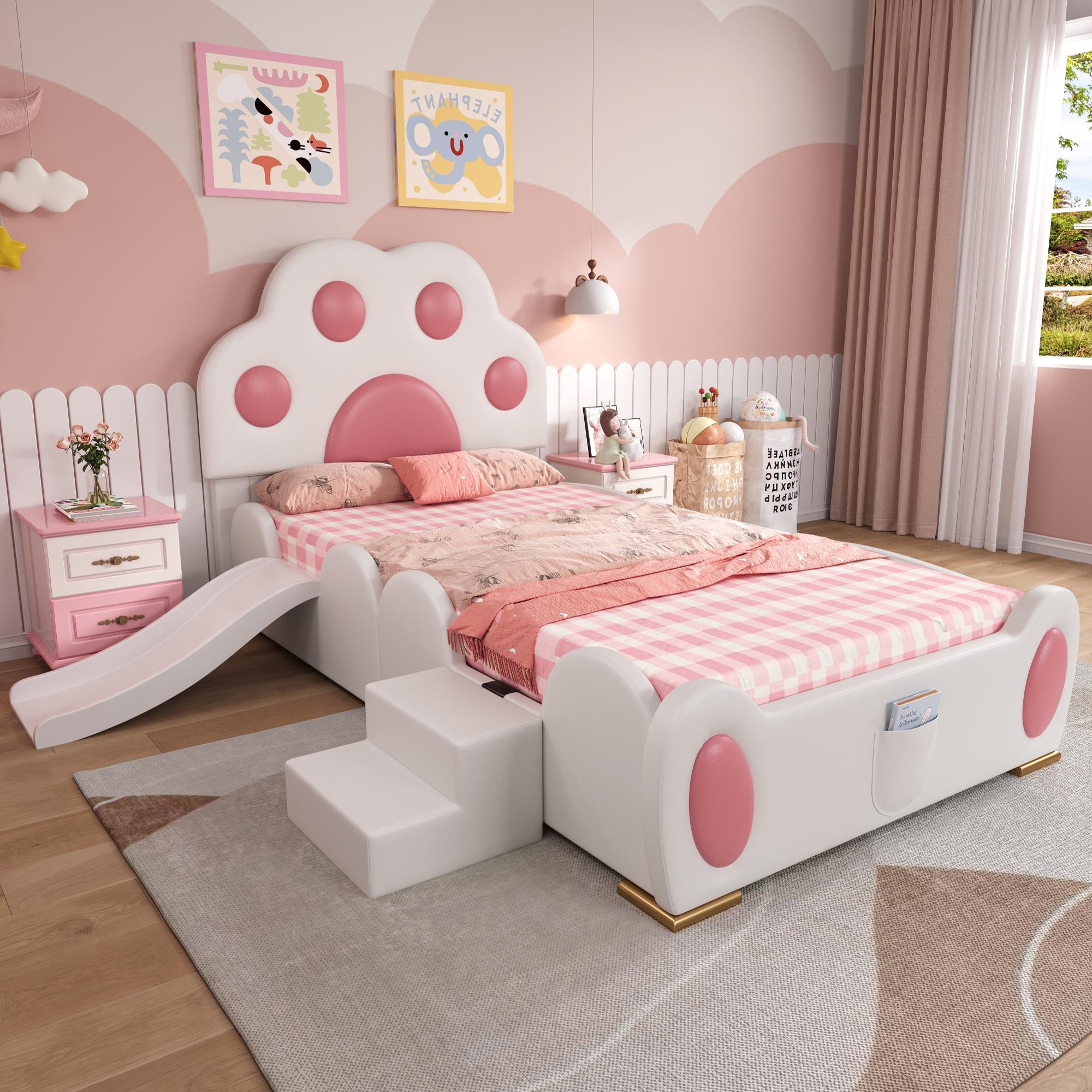 Polsterbett 90x200cm mit Katzenpfoten-Kopfteil, Rutsche und zweistufiger Leiter, PolyurethanOberfläche in Weiß und Rosa fürs Kinderzimmer