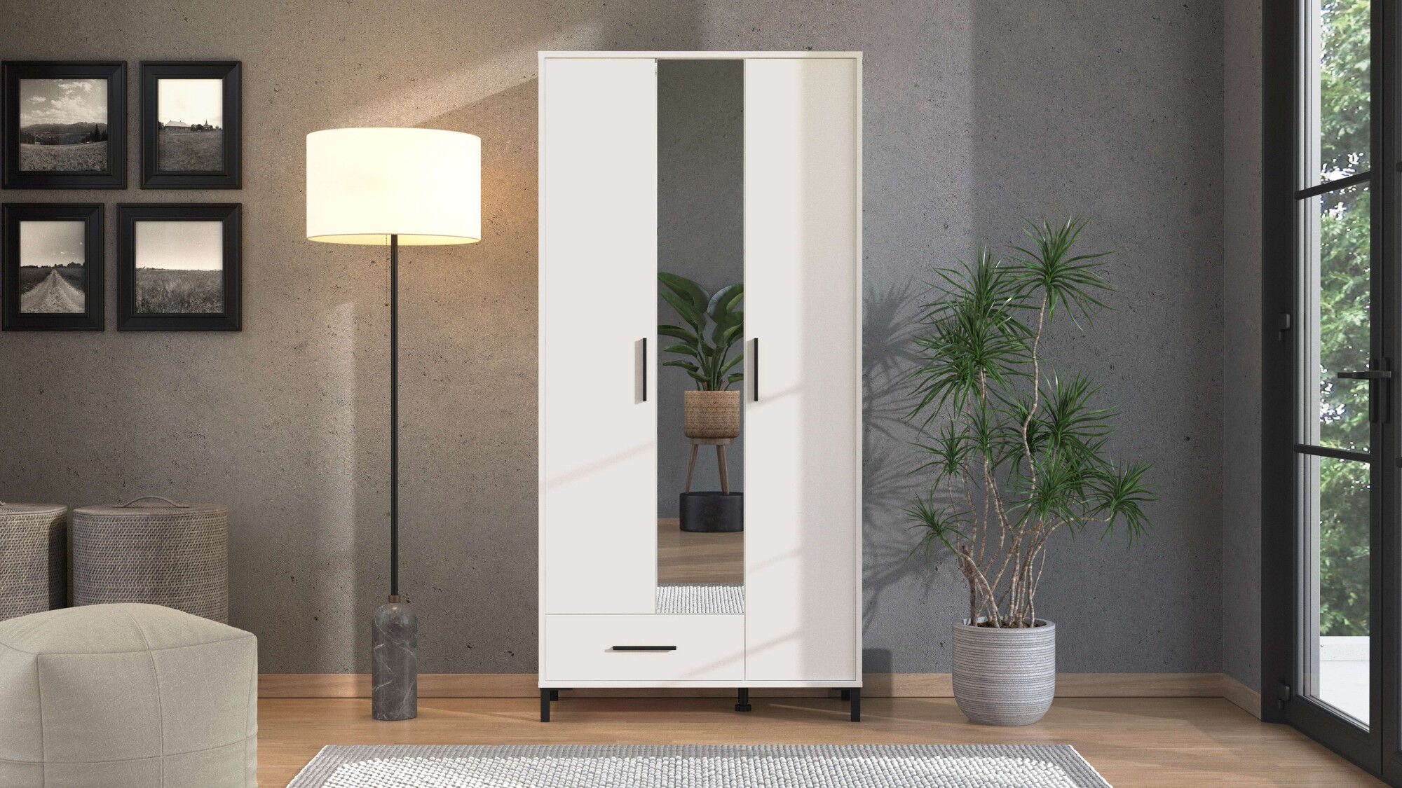 Garderobenschrank HOME AFFAIRE "Orkney Kleiderschrank, Stauraumschrank, Flurschrank, Höhe 193 cm", weiss (opaque weiß), B:93cm H:192,5cm T:40cm, Holzwerkstoff, Schränke, Garderobenschrank, Spiegeltür, Breite 93 cm, ausziehbare Kleiderstange, Schublade opa
